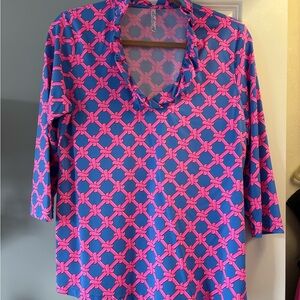 Lulu-B Pink and Blue Geometric Ruffle Collar Top